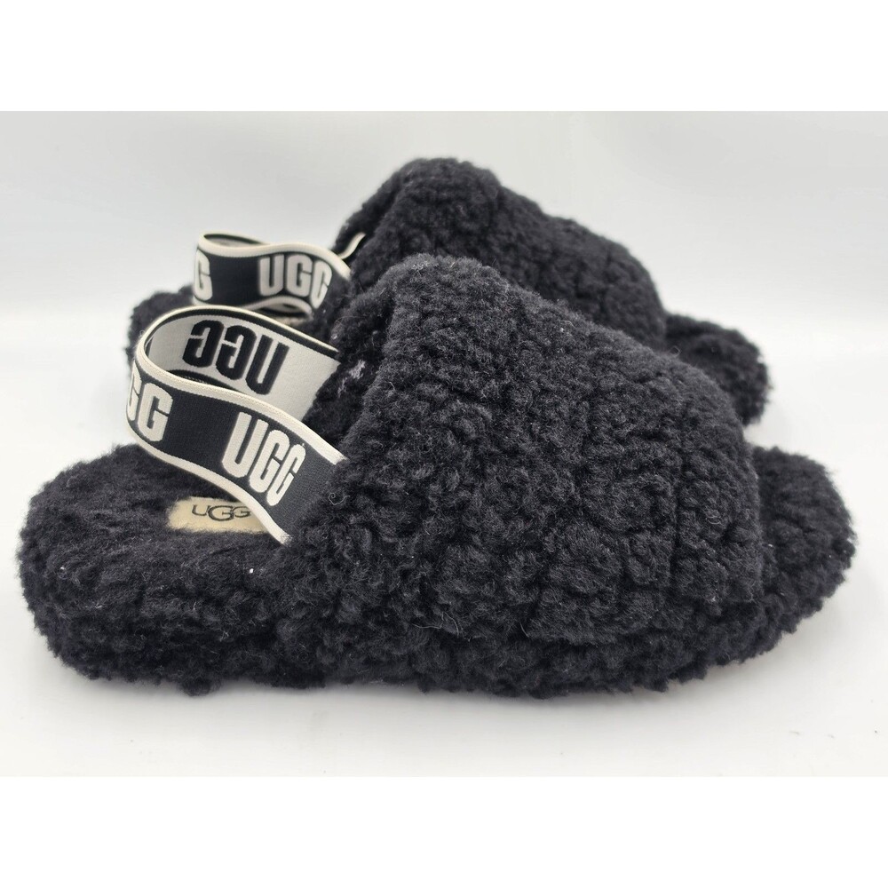 UGG Fluff Yeah Slide Slippers Womens Size 6 Black Shearling Fuzzy Cozy